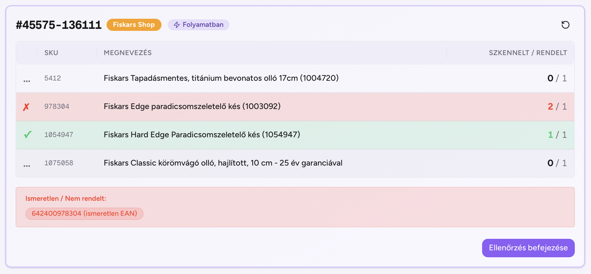 Hibás beolvasás: többlet tétel piros háttérrel, alatta az ismeretlen, nem rendelt EAN