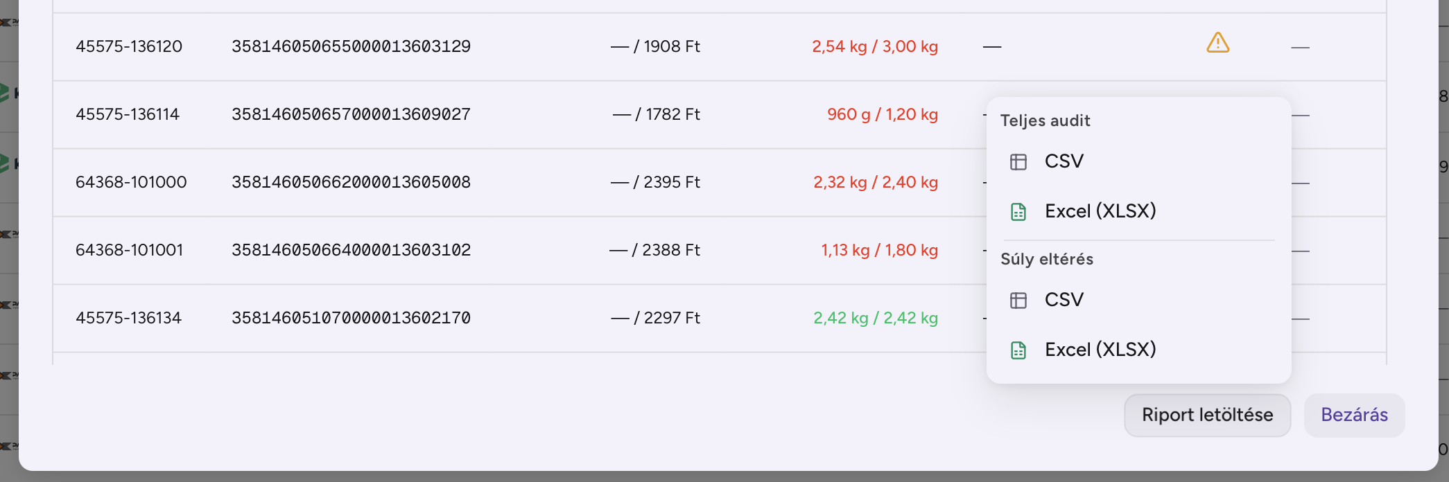 Riport letöltése — teljes audit vagy súlyeltérés, CSV vagy Excel formátumban