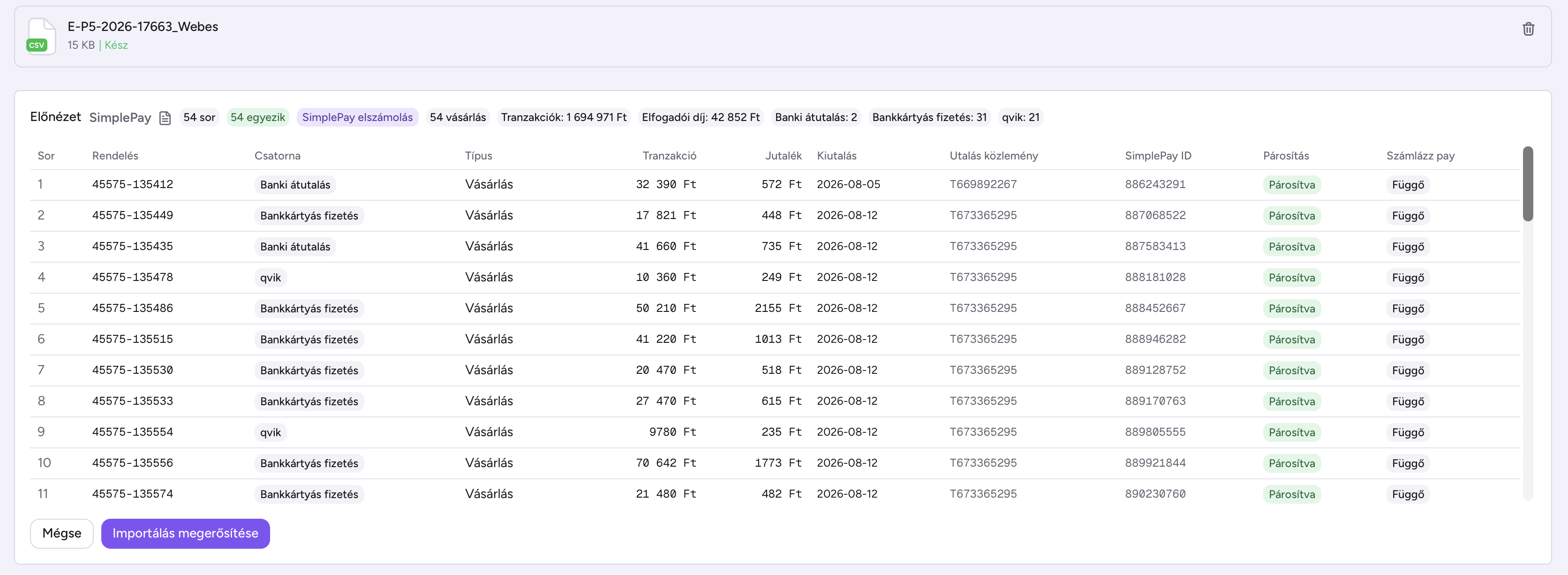 SimplePay elszámolás előnézete — tranzakciók, jutalék, kiutalás és párosítás rendelésenként