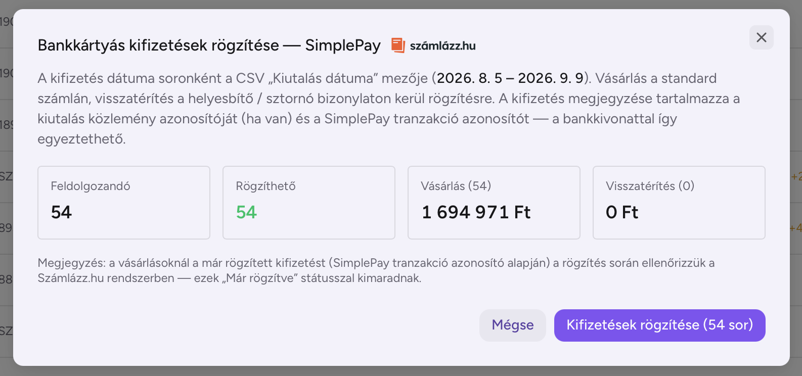 Bankkártyás kifizetések rögzítése a Számlázz.hu-ban — SimplePay elszámolás alapján