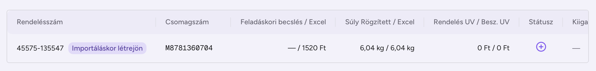 Visszáru sor — a csomag importáláskor jön létre, a díj az Excelből érkezik