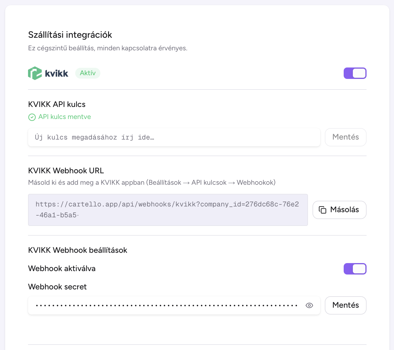 Szállítási integrációk — KVIKK API kulcs és webhook beállítások