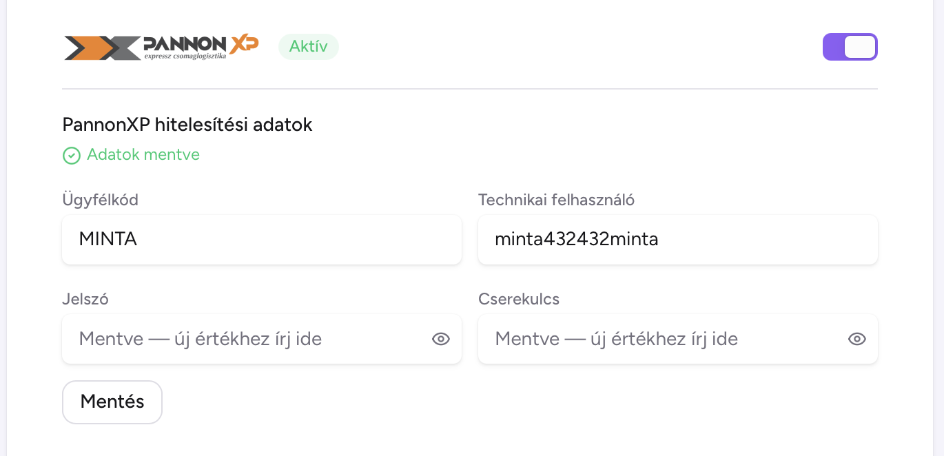 Szállítási integrációk — PannonXP hitelesítési adatok