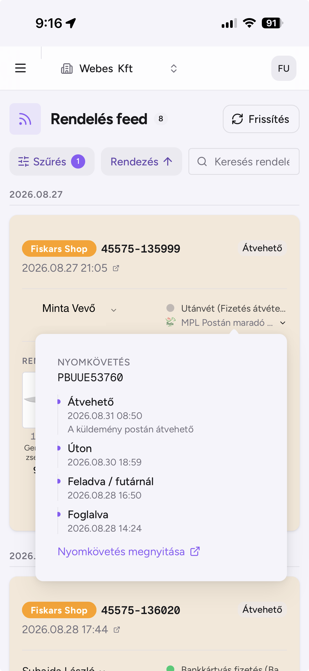 Rendelés feed mobilon — nyomkövetés egy csomagra nyitva