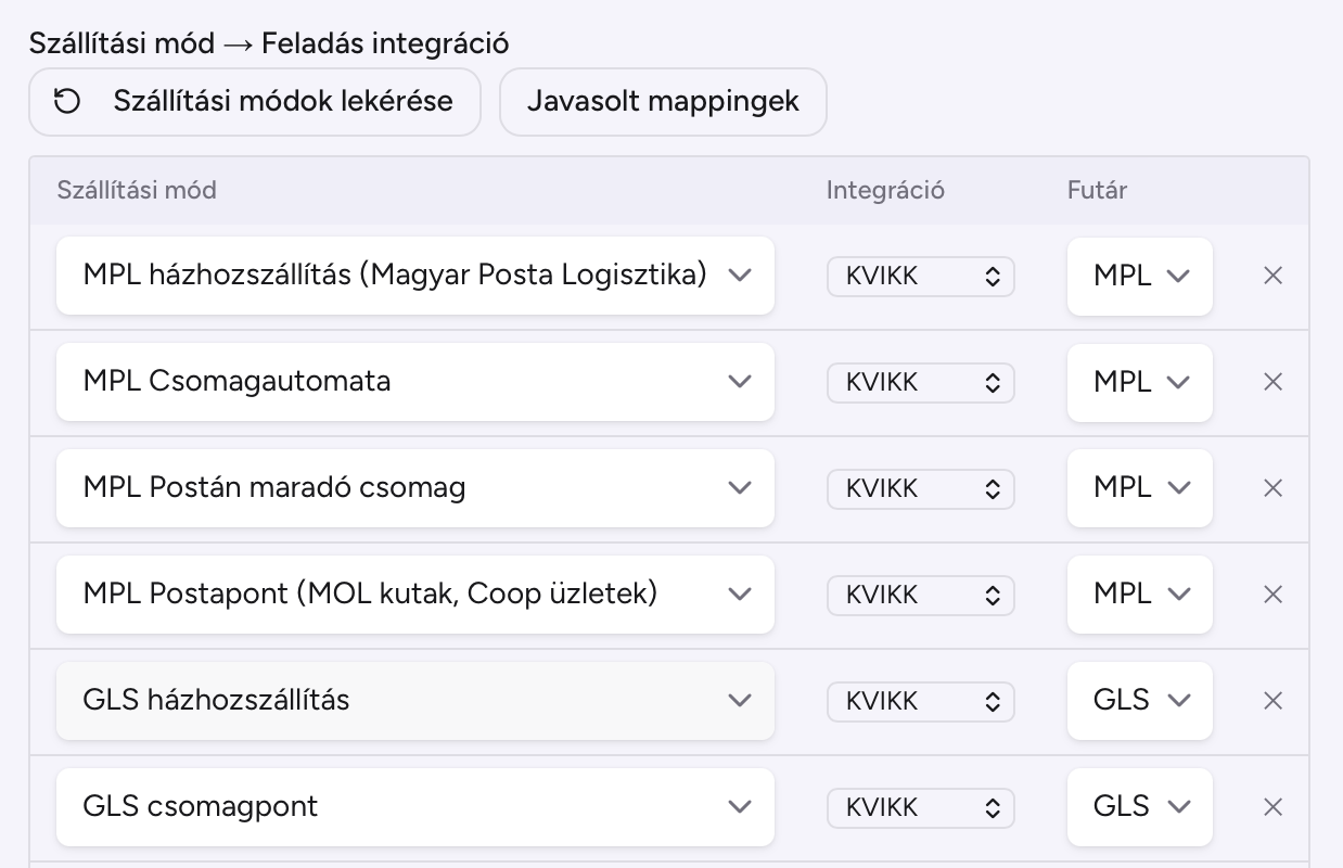 Szállítási mód → feladás integráció párosítás; a javasolt mappingek egy kattintással kitölthetők