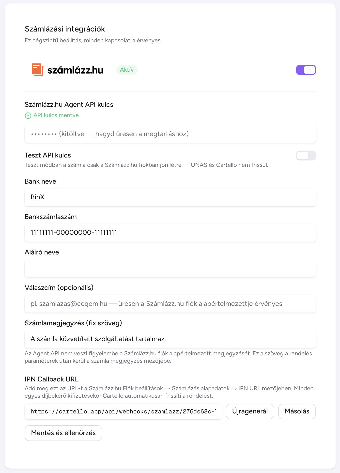 Számlázási integrációk — Agent API kulcs, banki adatok, számlamegjegyzés és IPN callback URL