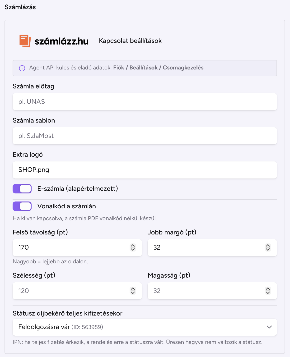 Kapcsolat beállítások — Számlázás blokk a Csomagkezelés fülön