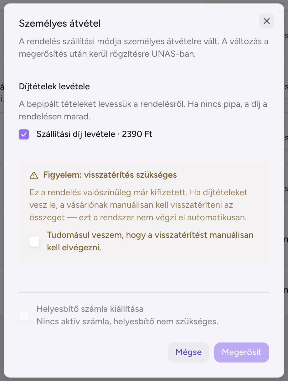 Személyes átvétel — díjlevétel és helyesbítő számla kiállítása egy megerősítő ablakban