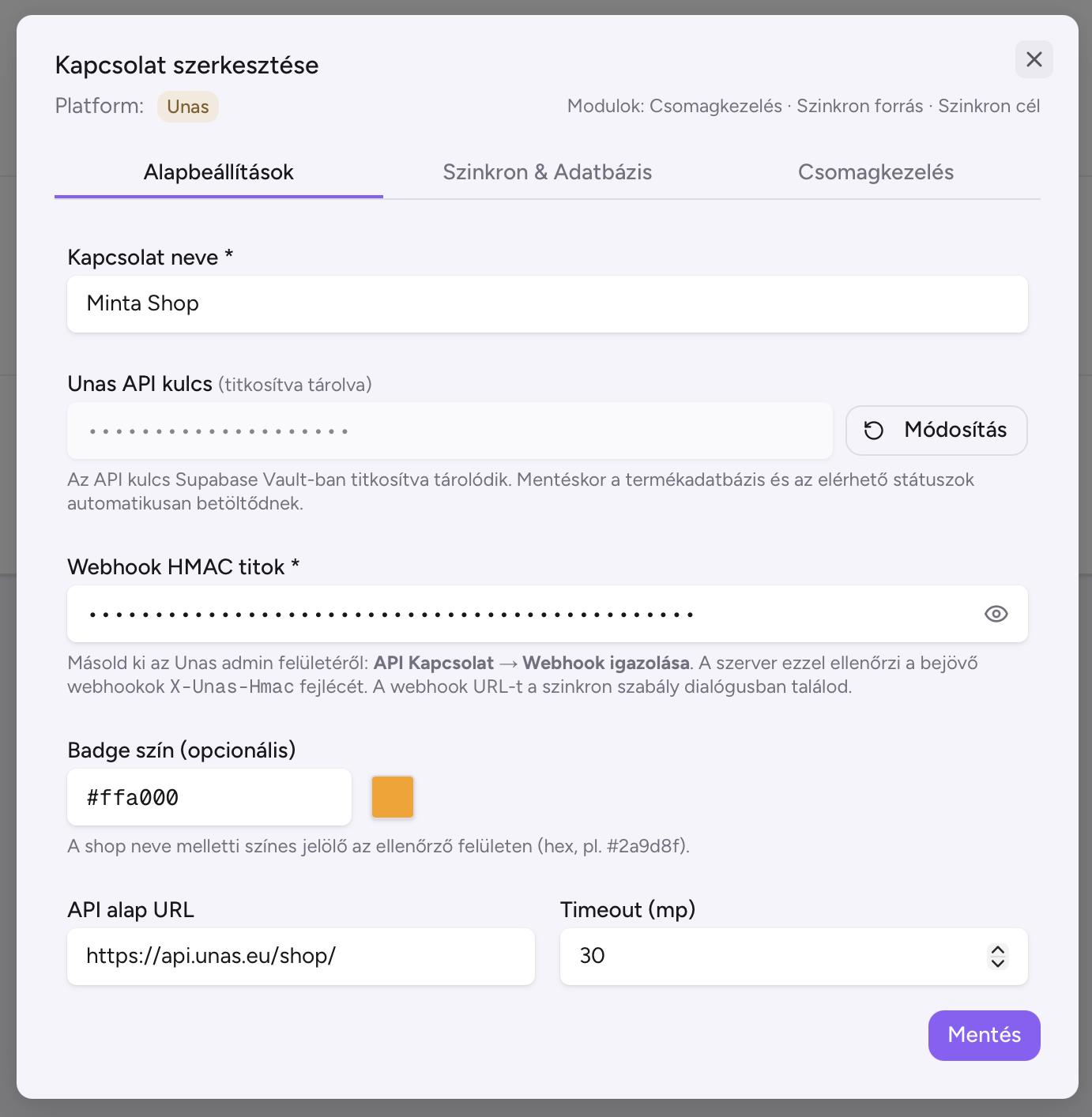 UNAS bolt bekötése