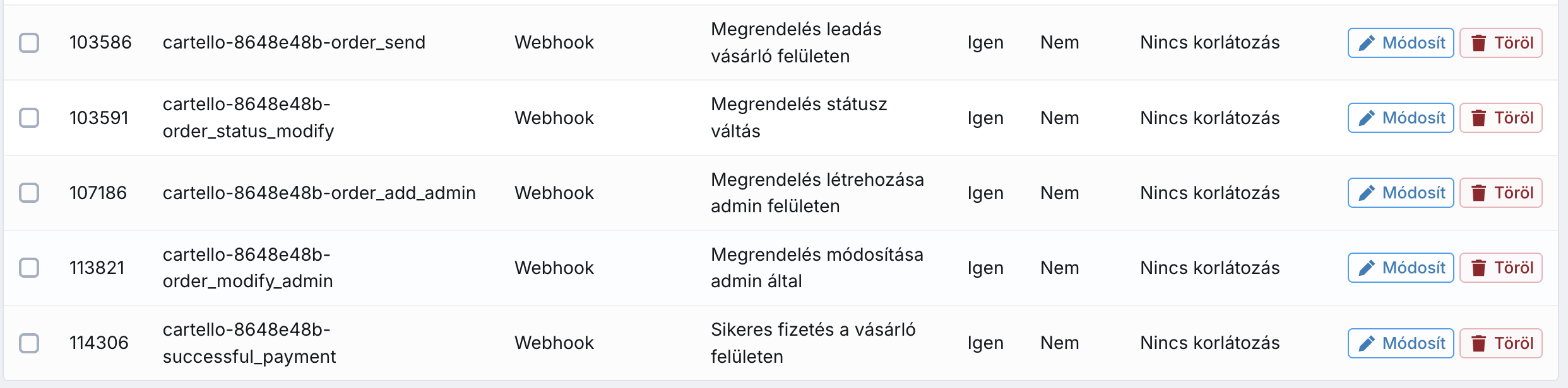 A Cartello által regisztrált webhookok az UNAS admin felületén, a Beállítások / Automata folyamatok alatt